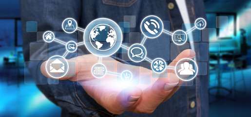 Businessman holding digital tactile screen web network with web