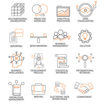 Icons related to support business management, strategy, career progress and business process. Mono line pictograms and infographics design elements