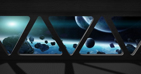 View of outer space from inside a space station
