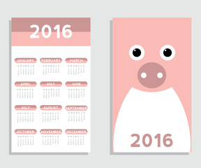 Calendar 2016. cute animals,pig Vector illustration