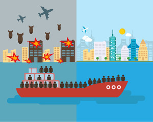 Refugee.vector. war victims concept escaping with boat