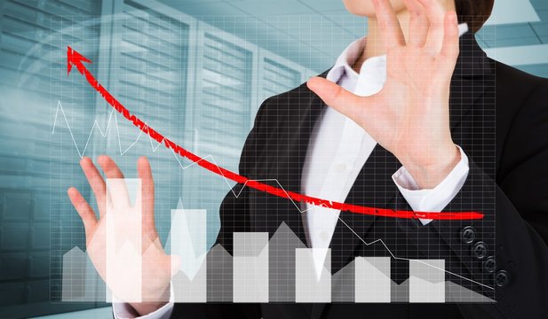 Composite image of businesswoman presenting