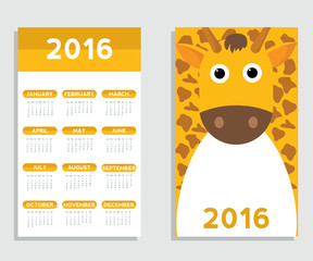 Calendar 2016. cute animals,Giraffe Vector illustration