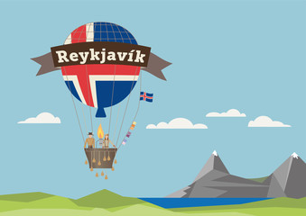Fototapeta na wymiar Air Balloon with adventures and Reykjavik banner