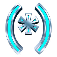 Parenthesis, asterisk from blue with silver shiny frame alphabet set, isolated on white. 3D illustration.