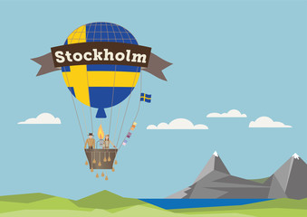 Fototapeta na wymiar Air Balloon with adventures and Stockholm banner