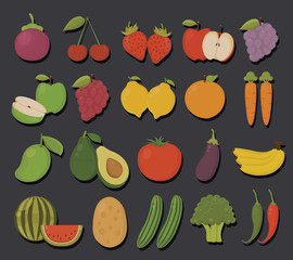 Set of Fruits and Vegetables Isolated Vector. Illustration. Cute Cartoon.