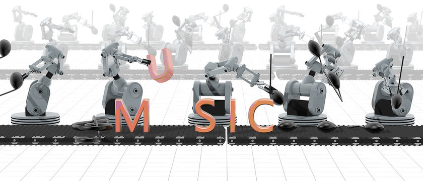 3D render van robots die muziek produceren