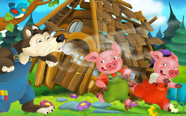 Cartoon scene of house being demolished - wolf and pigs - illustration for children