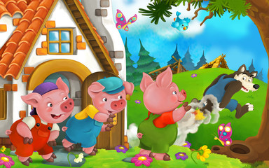 Pigs watching - bad wolf escaping with his back on fire - illustration for children