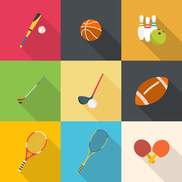 Set of sport equipment. Flat design with long shadows.