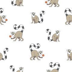 Seamless pattern with cute cartoon  ring-tailed lemurs on a white  background. Madagascar cats. Vector image.