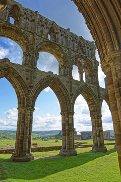 Ruined walls of Whitby Abbey in North Yorkshire in England