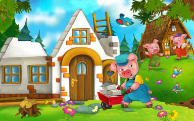 Cartoon fairy tale scene with pigs doing different pigs - illustration for children © agaes8080