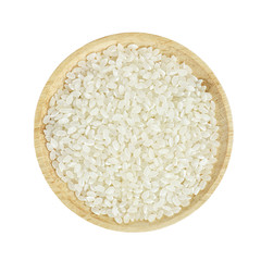 Japan rice in wooden bowl on white background