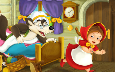 Obraz na płótnie Canvas Cartoon scene of girl running away from wolf in the room - illustration for children