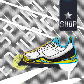 Sports Equipment Shop background with a sketch of sports shoes