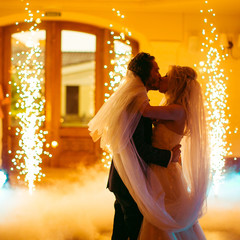 Romantic elegant newlywed couple dancing at wedding reception, s