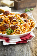 Pasta with meatballs and parmesan cheese