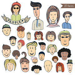 Hand drawn people crowd doodle collection of avatars. Cartoon people vector set. Sketch icons with funny faces 