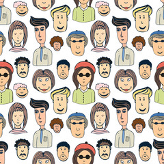 Hand drawn vector seamless pattern with crowd of funny worker peoples. Doodle faces background 