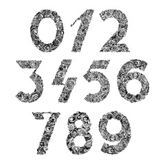 Set of numbers. Delicate patterns. Figures with floral decoration. A monochrome image.Template for printing greeting cards, greetings,invitations.Vector.