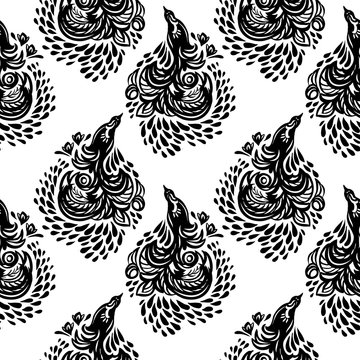Seamless pattern with peacock.  Black and white image birds. Drawing free hand. Vector template for printing on fabric,seamless surfaces and wrapping paper.