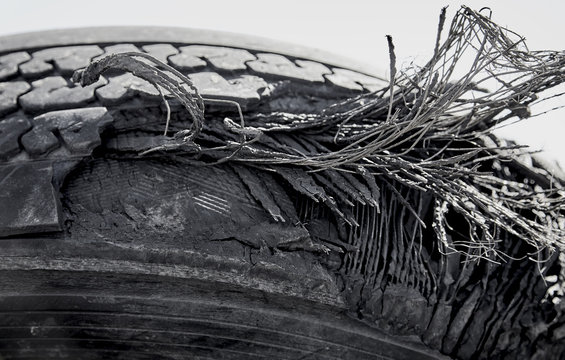 Damaged Ruptured Truck Tire Closeup