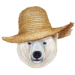 Portrait of Polar Bear with straw hat. Hand-drawn illustration, digitally colored.