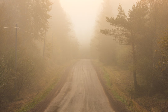 Fototapeta Dirt road and thick fog