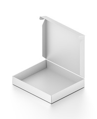 Isometric white open blank pizza box isolated on white background.