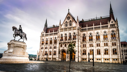 statue of Count Gyula Andrassy and Hungarian Parliament building