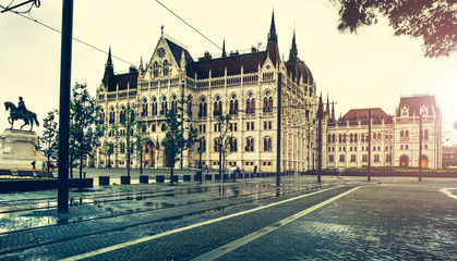 view on square and National Hungarian Parliament
