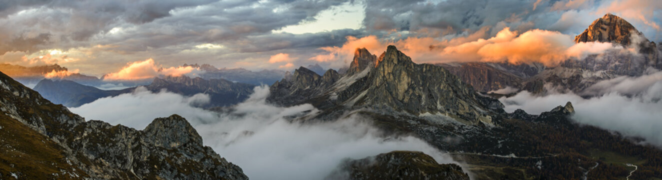Panorama sunset mountains in Dolomite