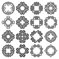 Set of ornamental round frames. Sixteen quadrangular decorative elements with stripes braiding for your logo or monogram design. Creative mandalas collection