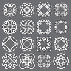 Set of ornamental round frames. Sixteen quadrangular decorative elements with stripes braiding for your logo or monogram design. Mandalas collection of white lines with black strokes.