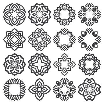 Set of ornamental round frames. Sixteen quadrangular decorative elements with stripes braiding for your logo or monogram design. Creative mandalas collection