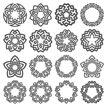 Set of ornamental round frames. Sixteen pentagonal decorative elements with stripes braiding for your logo or monogram design. Creative mandalas collection