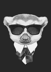 Portrait of Lemur in suit. Hand drawn illustration.