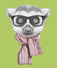 Portrait of Lemur with glasses and scarf. Hand drawn illustration.
