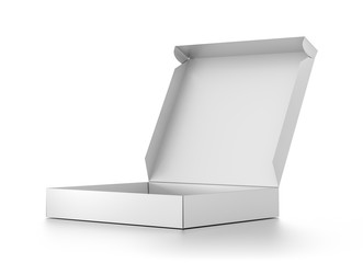 White open blank pizza box isolated on white background.