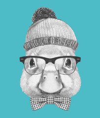 Portrait of Duck with hat, glasses and bow tie. Hand drawn illustration.