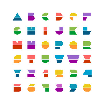 Flat Colorful Geometric Shapes Letters Style Font With Numbers O