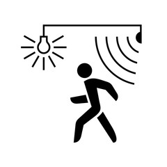 Walking man silhouette with lamp and sensor waves. Black color. - 107541709