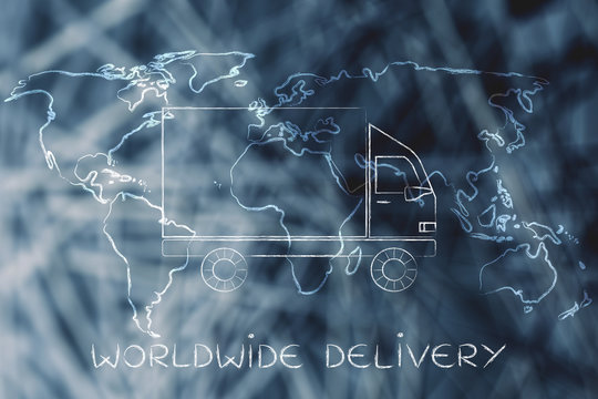 shipping truck with world map background, worldwide delivery