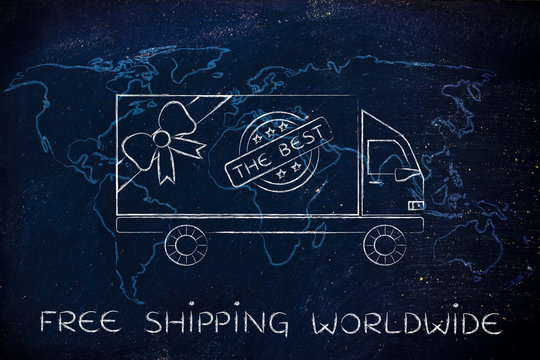 delivery truck with map background, free shipping worldwide