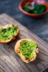 Garlic bread with wild garlic leaves