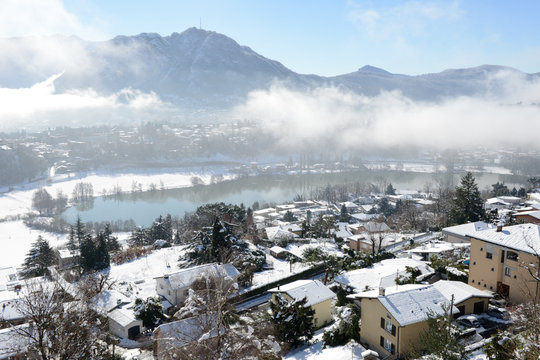 Lake Muzzano Near Lugano On Winter With Snow