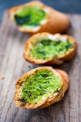 Garlic bread with wild garlic leaves
