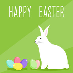 Happy easter card template theme. Cartoon white rabbits and eggs